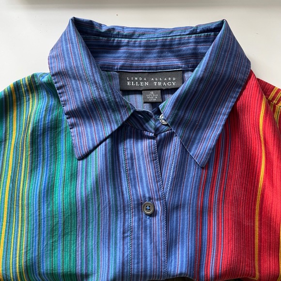 Ellen Tracy Tops - Linda Allard Ellen Tracy Sz 16 Silk Flowy Rainbow Stripe Button Down Shirt